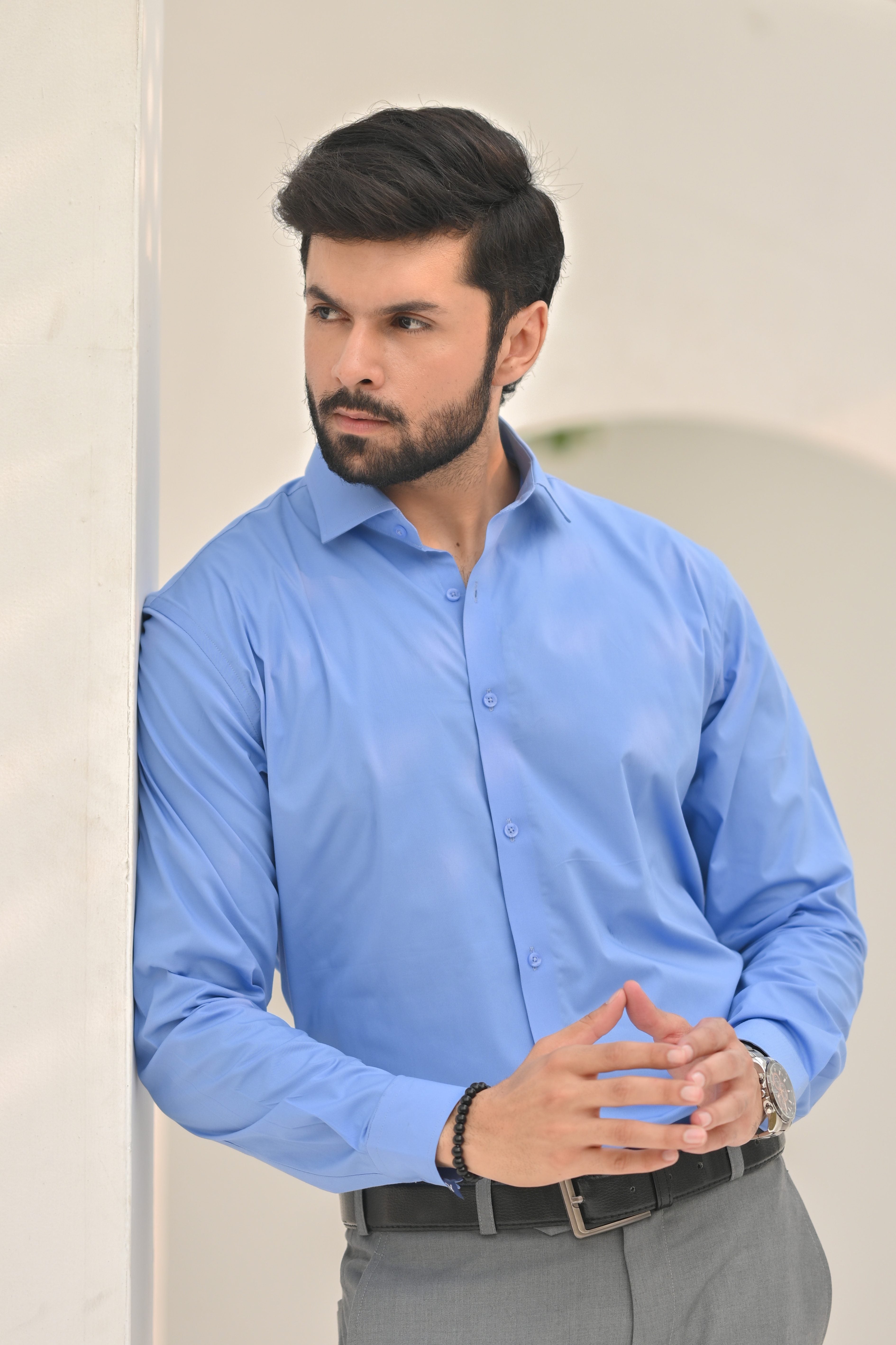 Denim Blue Plain Men's Dress Shirt