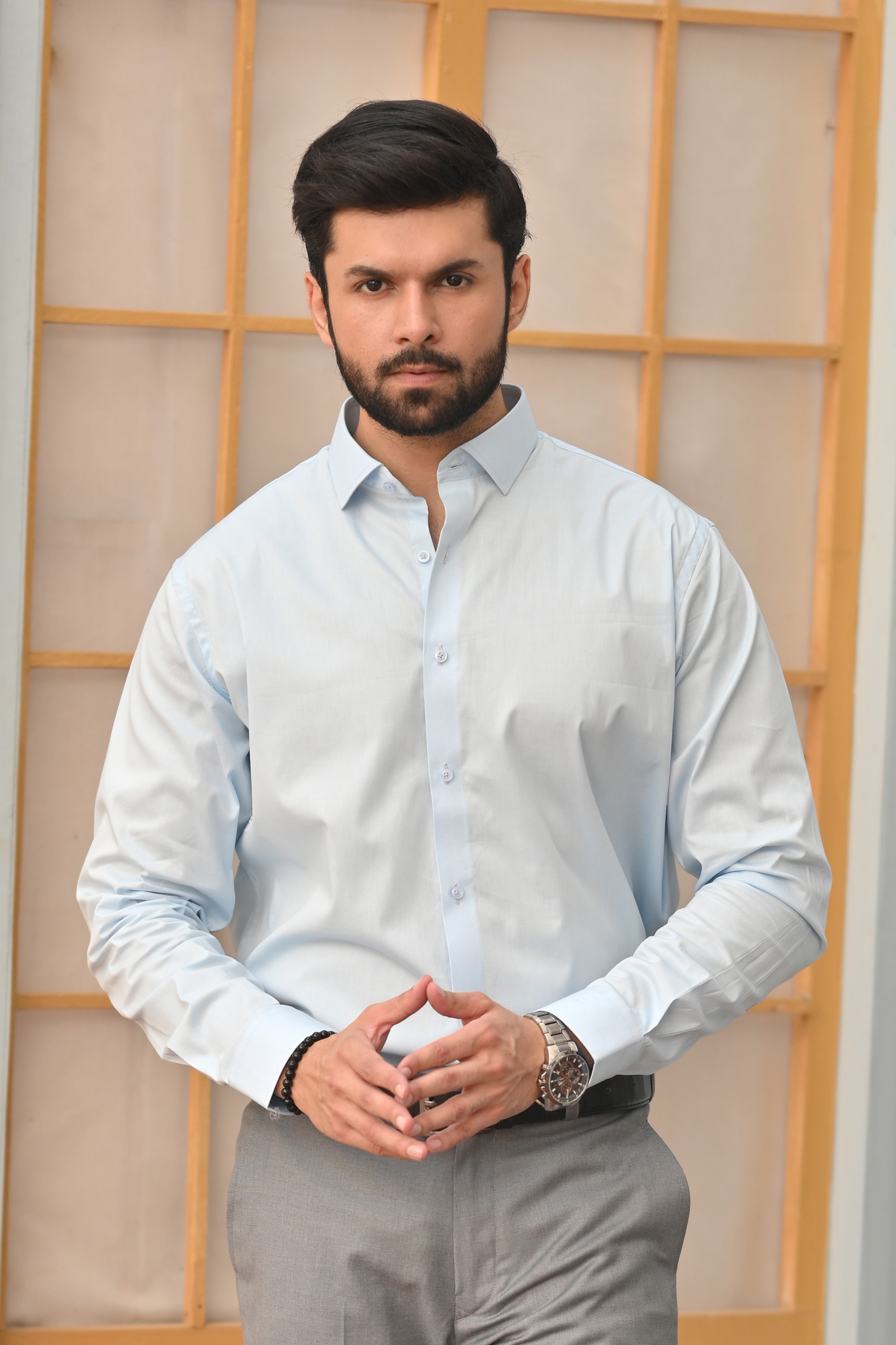 Powder Blue Plain Men's Dress Shirt - Main Image